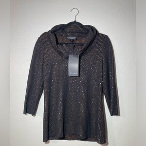 NWT St. John Black Sweater Cowl Neck Embedded Gold Sparkles Size Small